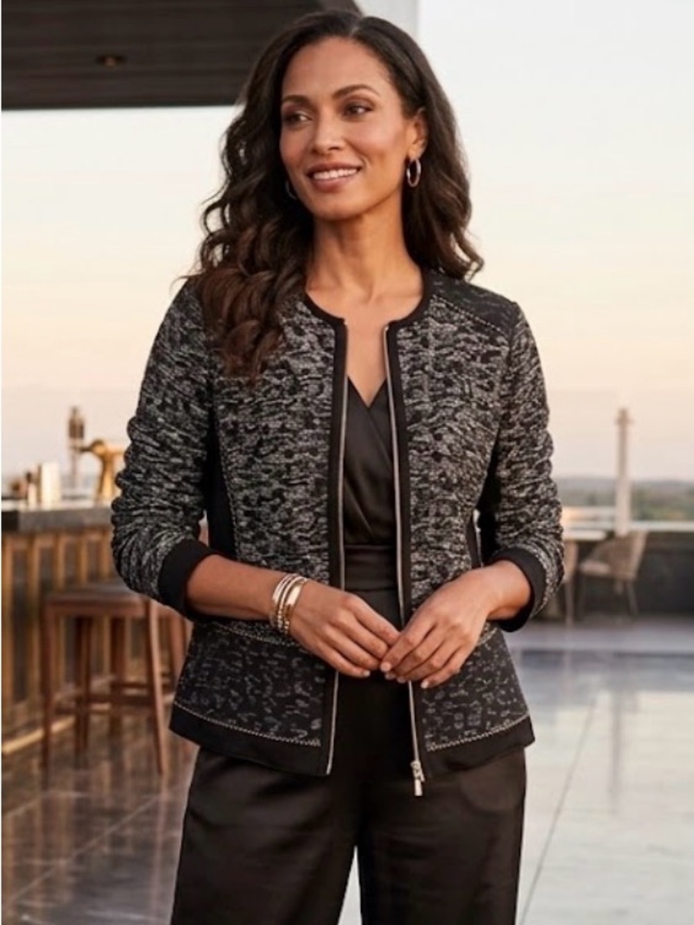 Chico's Black & Gray Textured Zip-Front Bomber Jacket